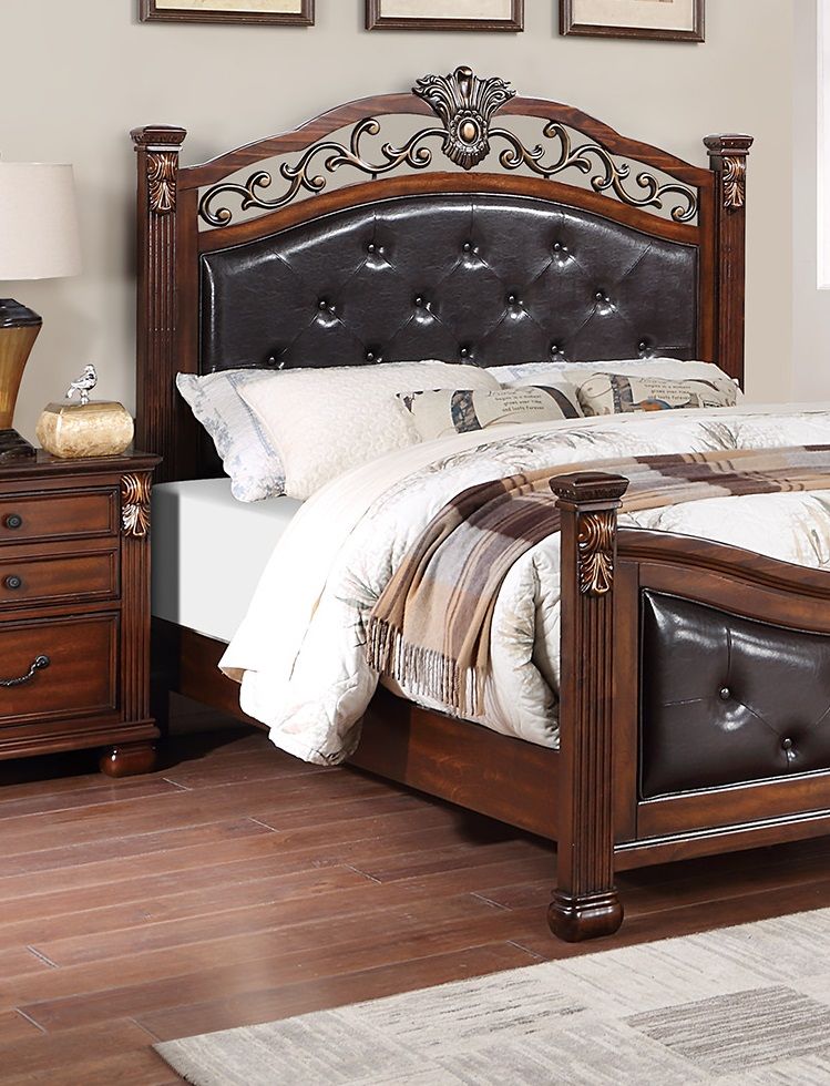 Formal Traditional Dark Cherry 1pc Queen Size Bed Tufted Faux Leather Headboard Footboard Bedframe image 3