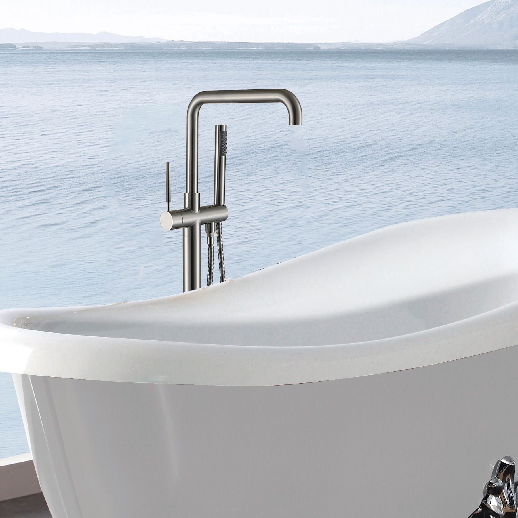 Freestanding bathtub faucet with hand shower - front view