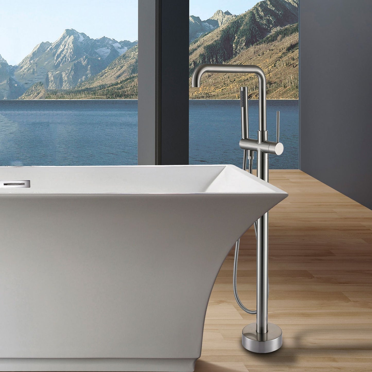Freestanding bathtub faucet with hand shower - side angle