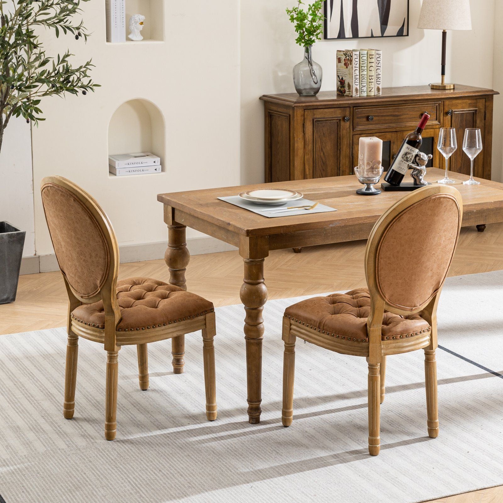 French Style Solid Wood Frame Antique Painting,Hand-pulled buckle decoration PU artificial leather Dining Chair with Nai image 16
