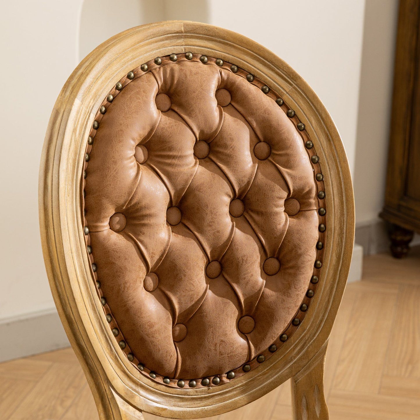 French Style Solid Wood Frame Antique Painting,Hand-pulled buckle decoration PU artificial leather Dining Chair with Nai image 9