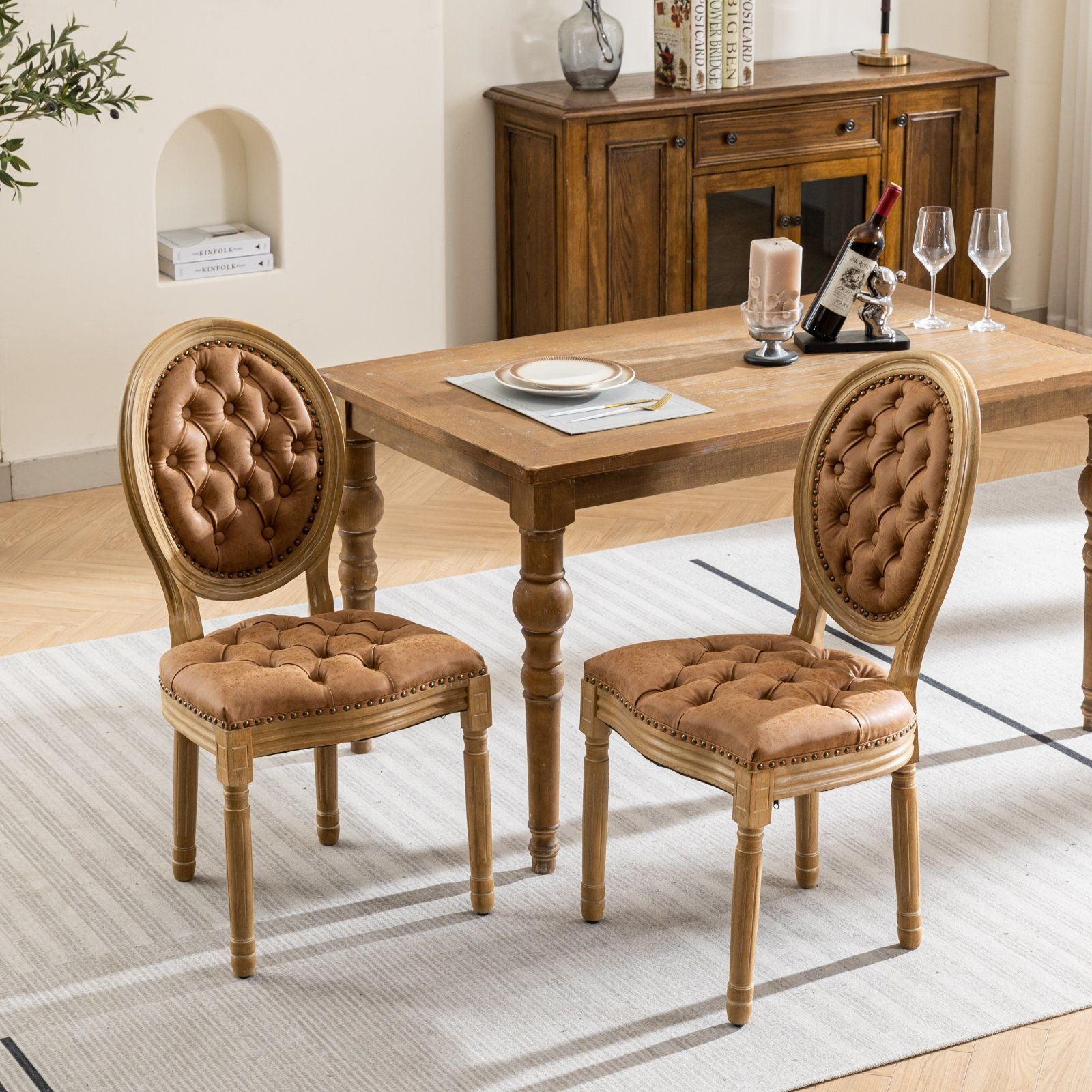 French Style Solid Wood Frame Antique Painting,Hand-pulled buckle decoration PU artificial leather Dining Chair with Nai image 15