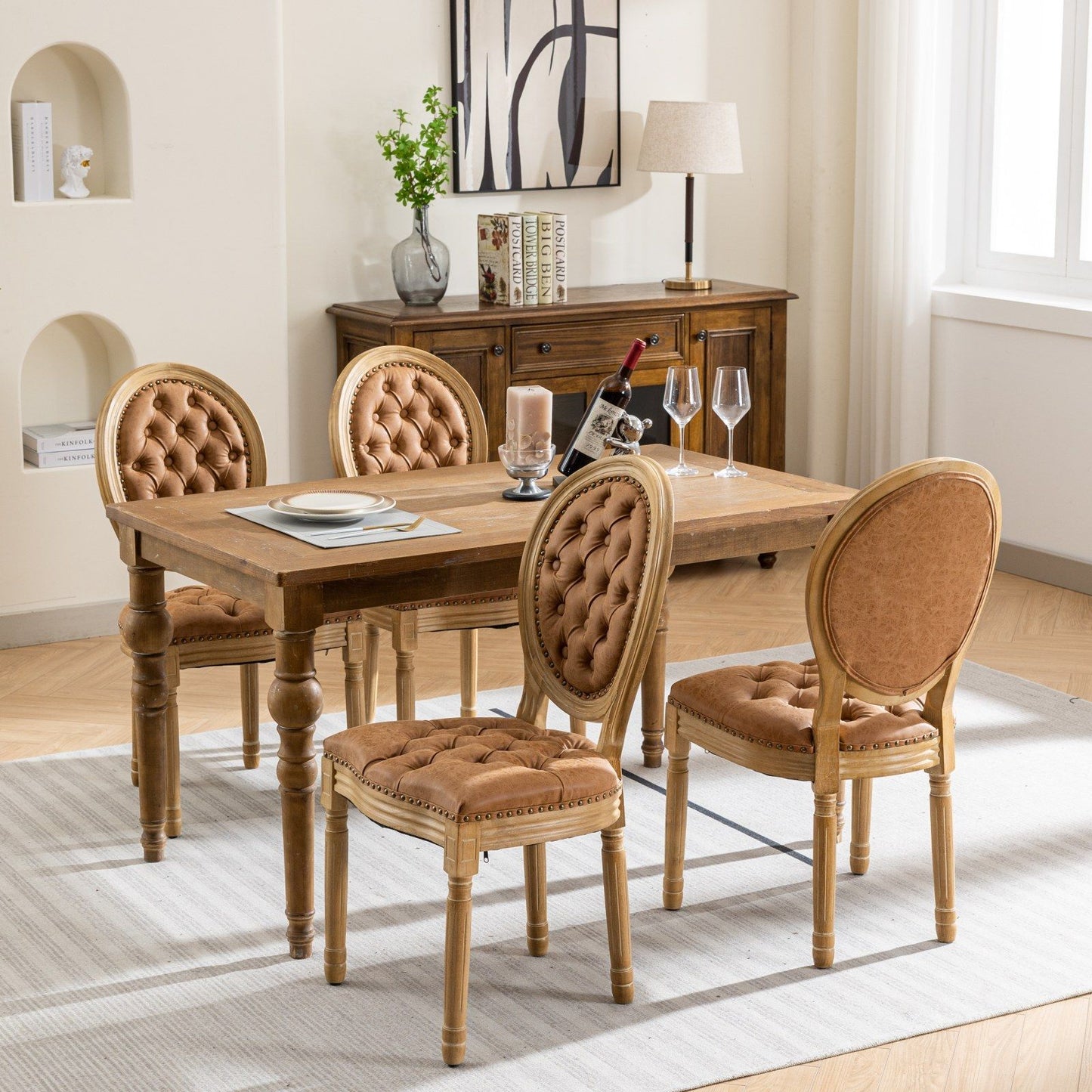 French Style Solid Wood Frame Antique Painting,Hand-pulled buckle decoration PU artificial leather Dining Chair with Nai image 17