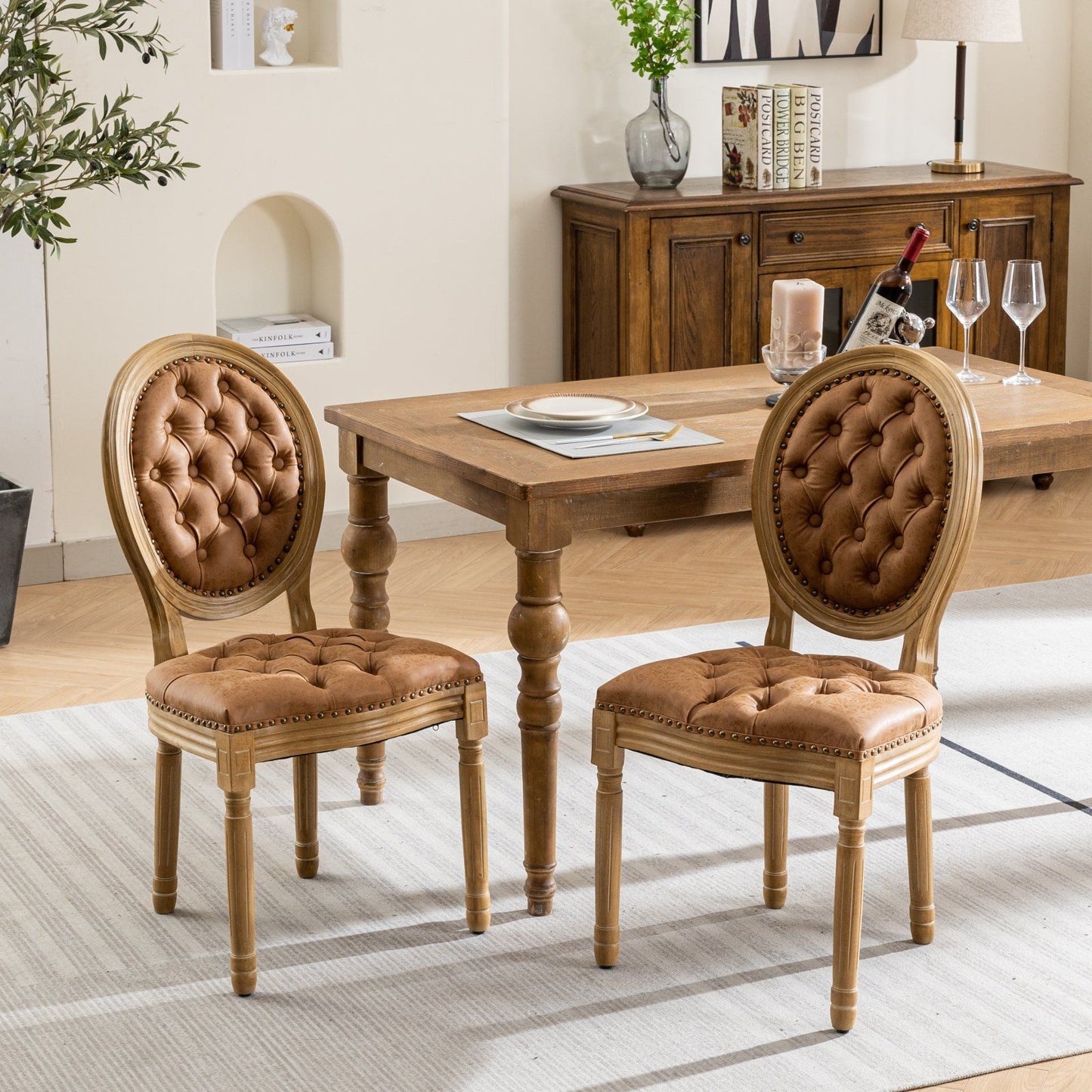 French Style Solid Wood Frame Antique Painting,Hand-pulled buckle decoration PU artificial leather Dining Chair with Nai image 14