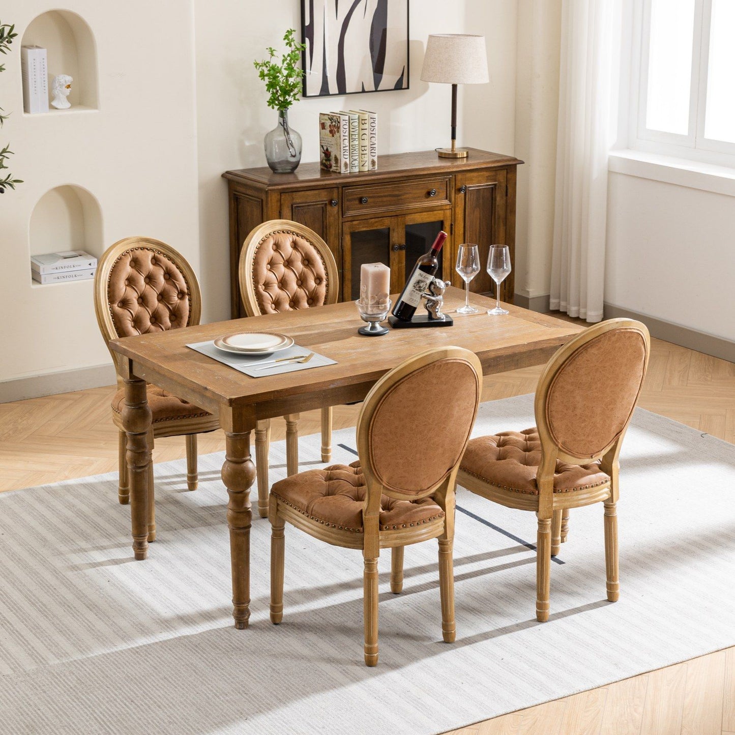 French Style Solid Wood Frame Antique Painting,Hand-pulled buckle decoration PU artificial leather Dining Chair with Nai image 18