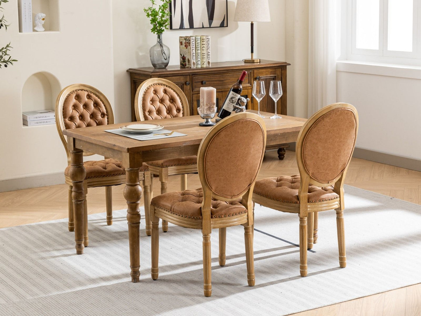 French Style Solid Wood Frame Antique Painting,Hand-pulled buckle decoration PU artificial leather Dining Chair with Nai image 20