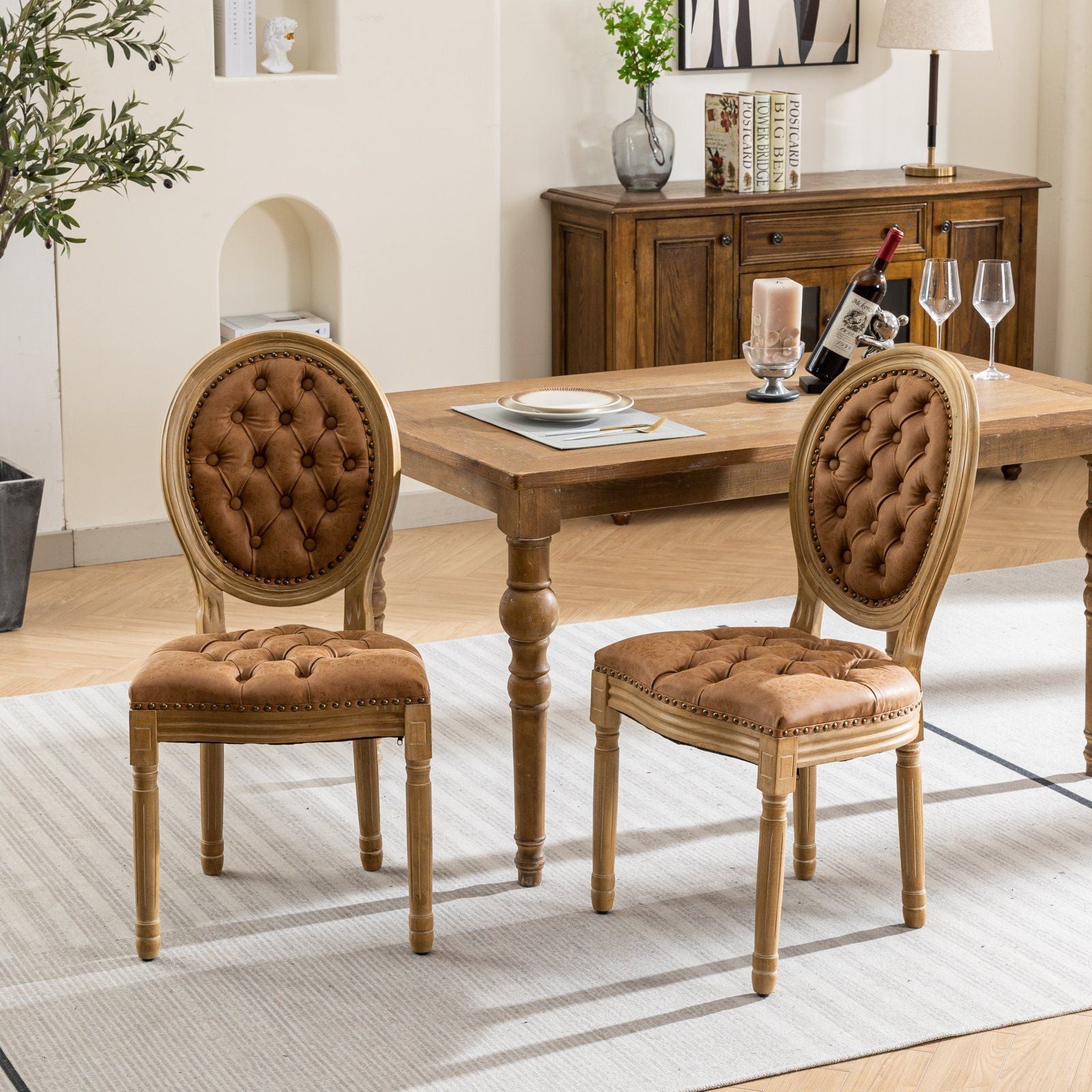 French Style Solid Wood Frame Antique Painting,Hand-pulled buckle decoration PU artificial leather Dining Chair with Nai image 1