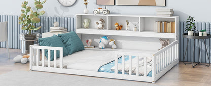 Full Floor Bed with Side Bookcase,Shelves,Guardrails,White image 15