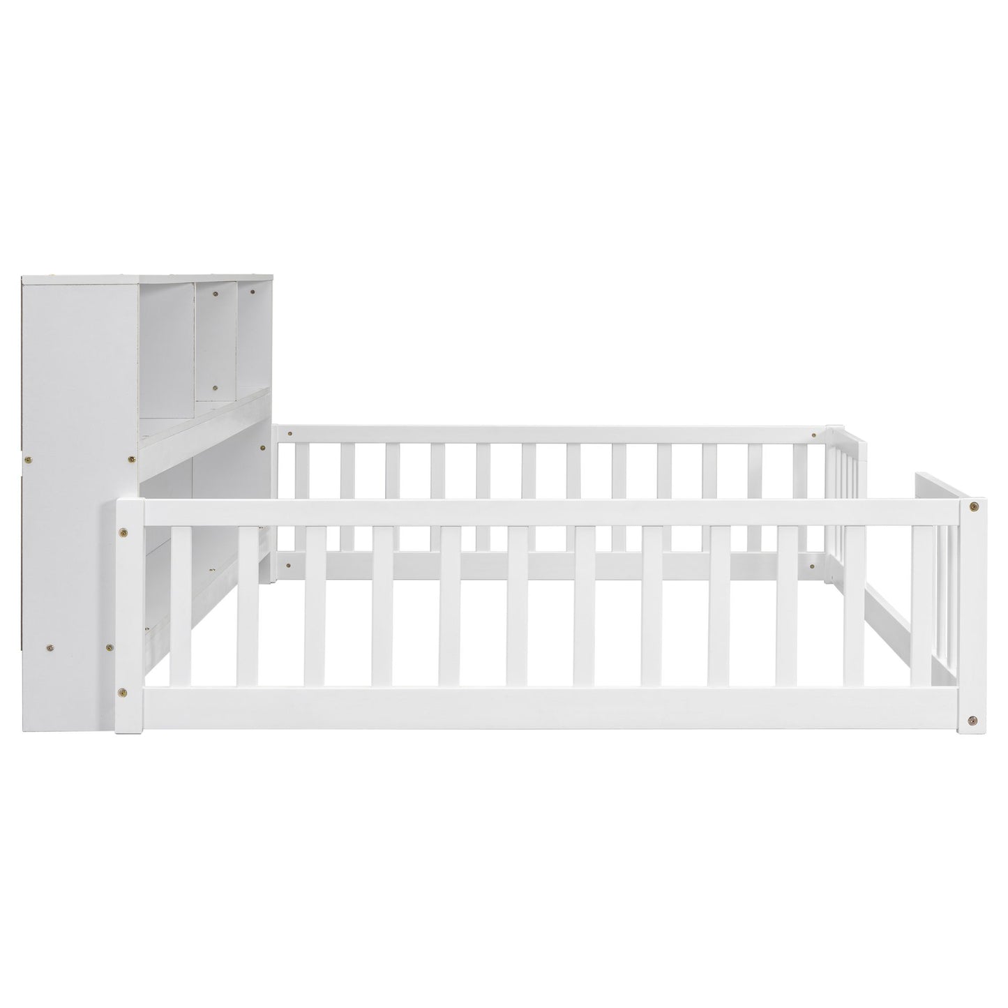 Full Floor Bed with Side Bookcase,Shelves,Guardrails,White image 8