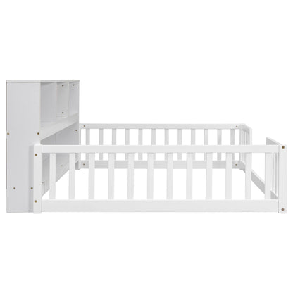 Full Floor Bed with Side Bookcase,Shelves,Guardrails,White image 8