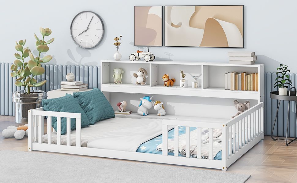 Full Floor Bed with Side Bookcase,Shelves,Guardrails,White image 14