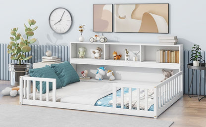 Full Floor Bed with Side Bookcase,Shelves,Guardrails,White image 14