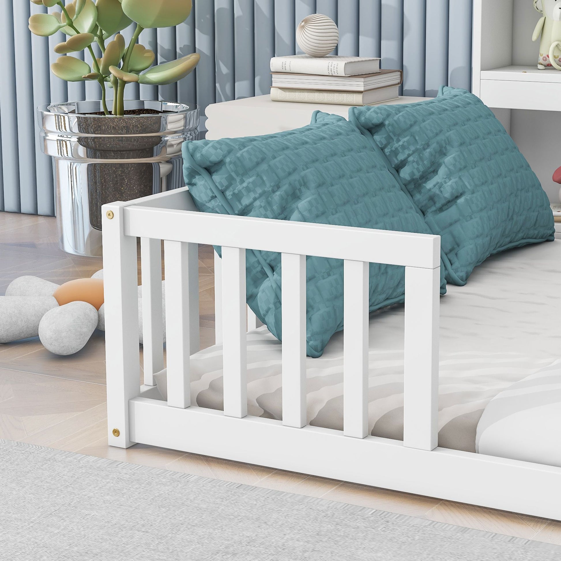 Full Floor Bed with Side Bookcase,Shelves,Guardrails,White image 12