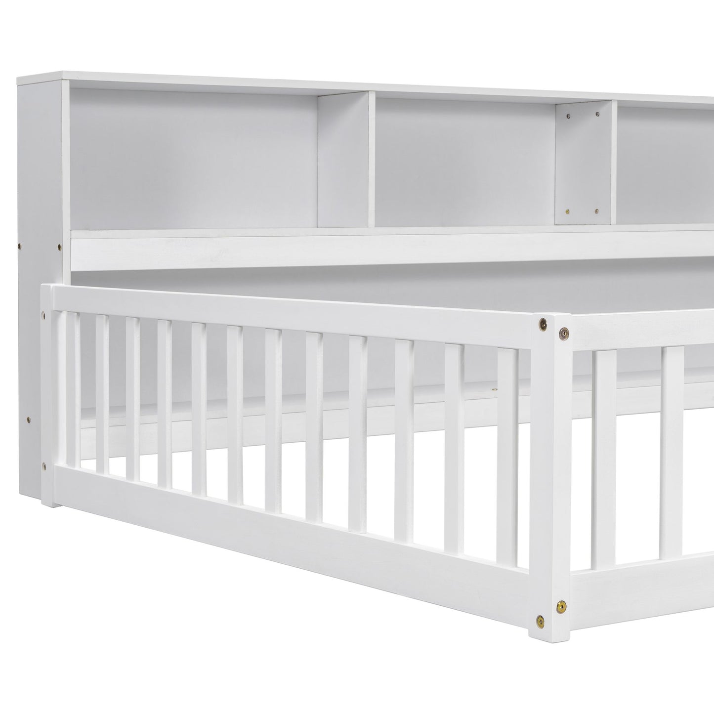 Full Floor Bed with Side Bookcase,Shelves,Guardrails,White image 2