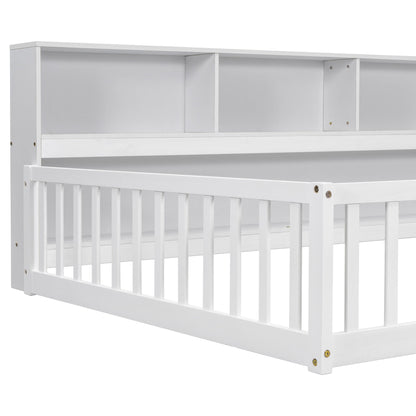 Full Floor Bed with Side Bookcase,Shelves,Guardrails,White image 2