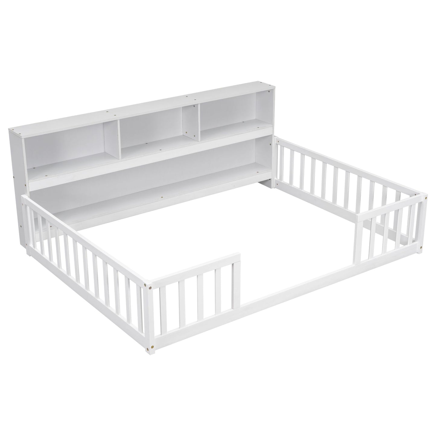 Full Floor Bed with Side Bookcase,Shelves,Guardrails,White image 18