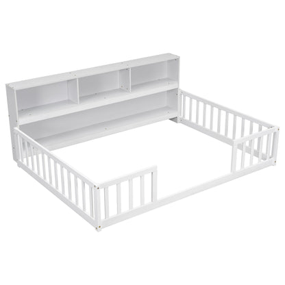 Full Floor Bed with Side Bookcase,Shelves,Guardrails,White image 18