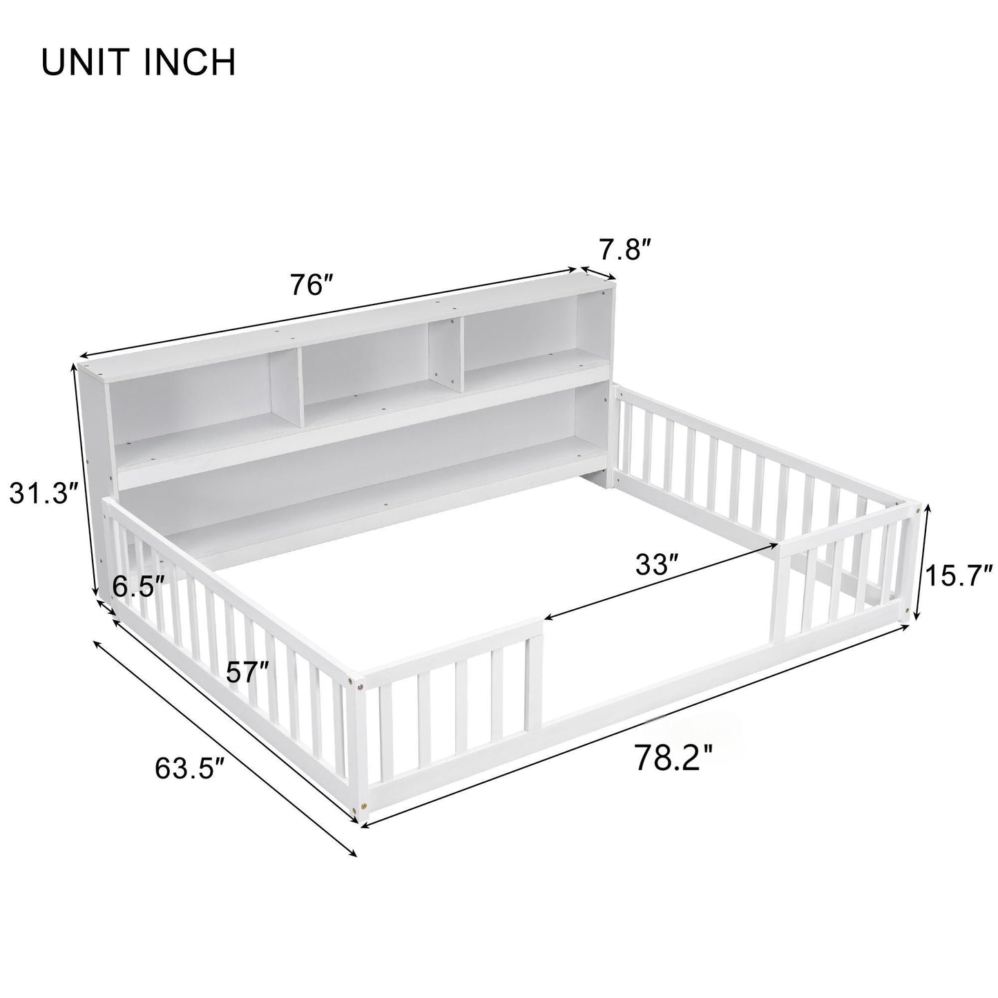 Full Floor Bed with Side Bookcase,Shelves,Guardrails,White image 16