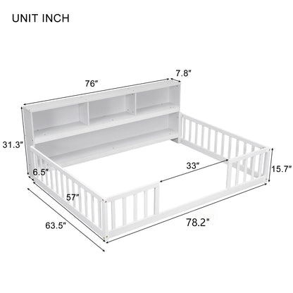 Full Floor Bed with Side Bookcase,Shelves,Guardrails,White image 16