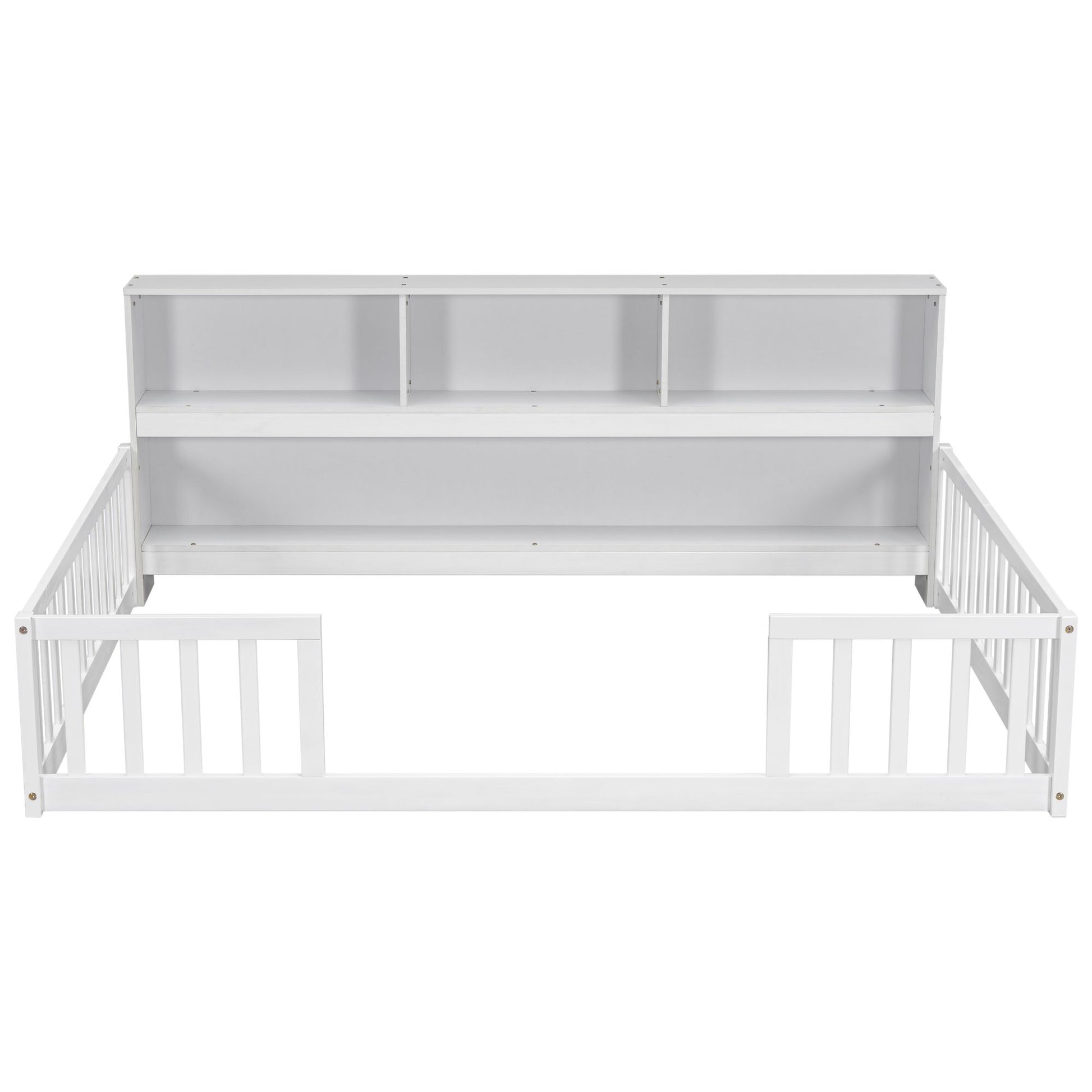 Full Floor Bed with Side Bookcase,Shelves,Guardrails,White image 17