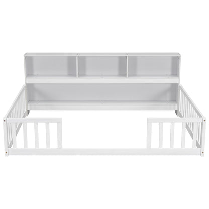 Full Floor Bed with Side Bookcase,Shelves,Guardrails,White image 17