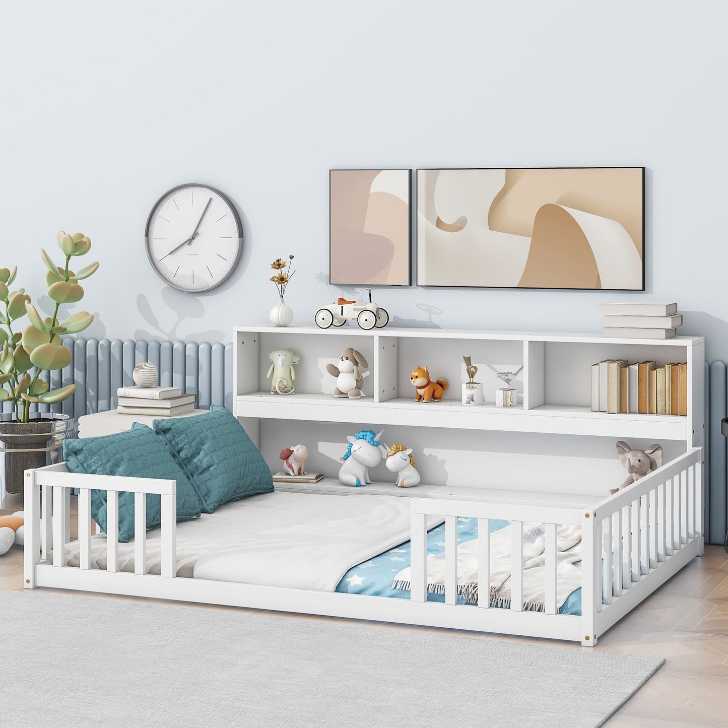 Full Floor Bed with Side Bookcase,Shelves,Guardrails,White image 11