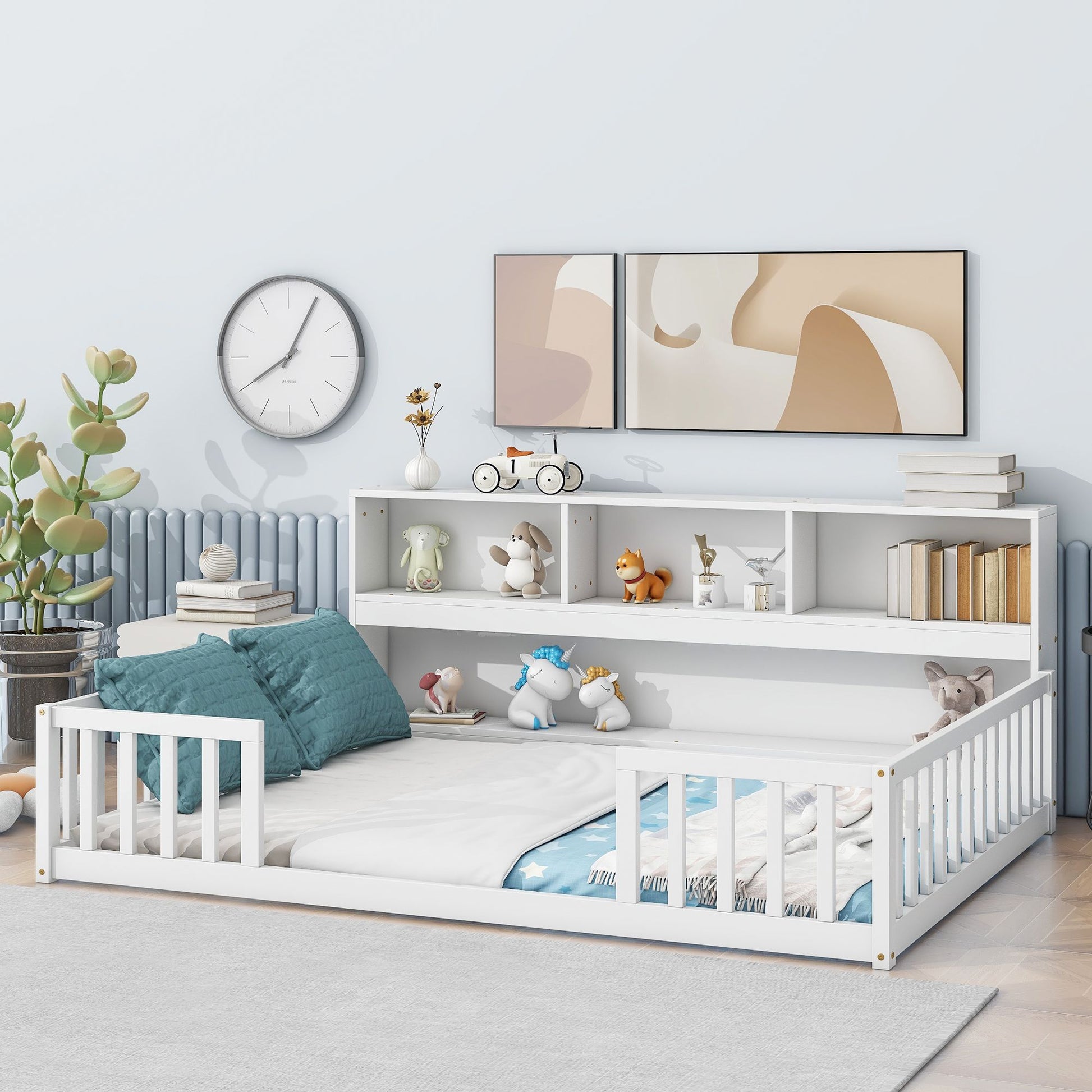 Full Floor Bed with Side Bookcase,Shelves,Guardrails,White image 11