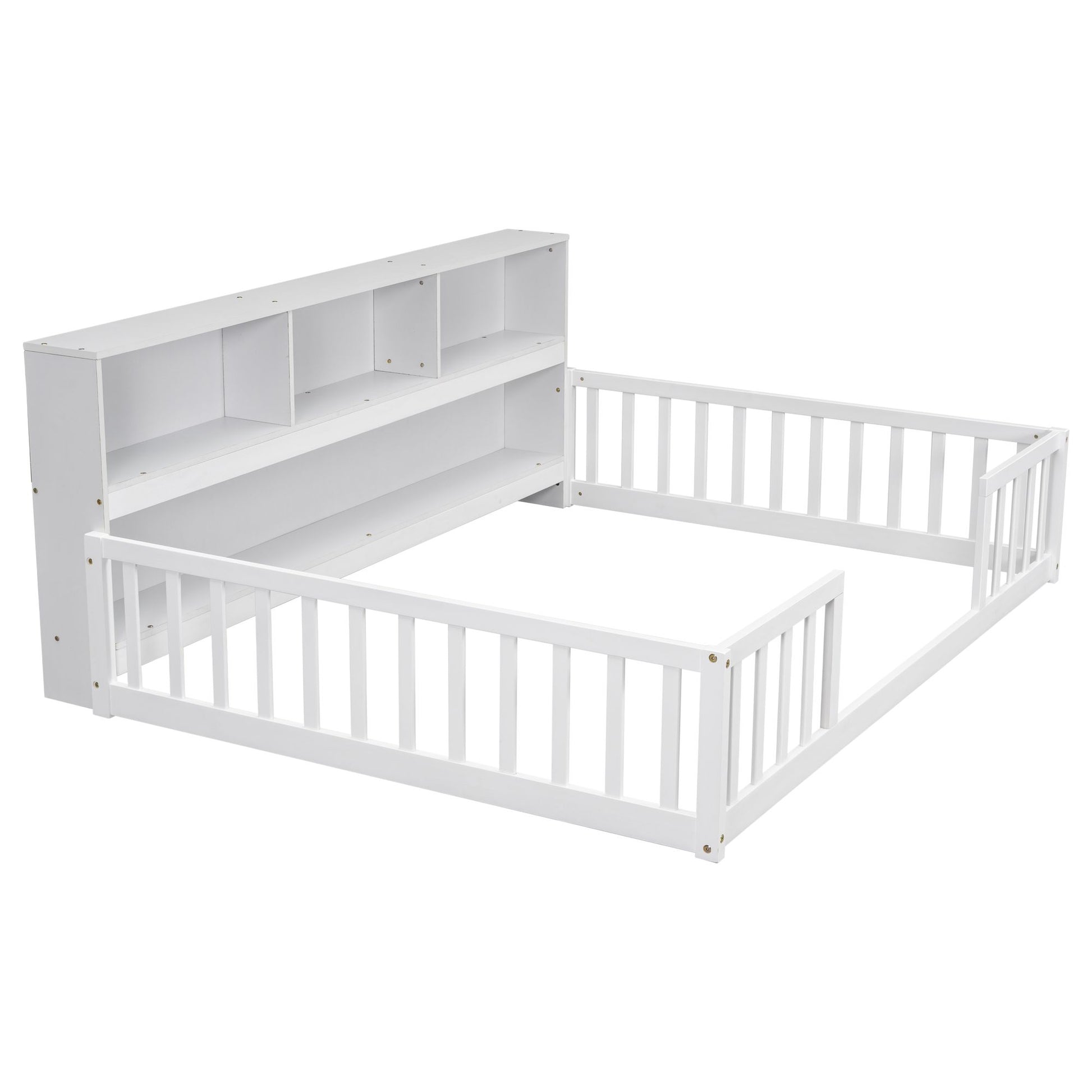 Full Floor Bed with Side Bookcase,Shelves,Guardrails,White image 4