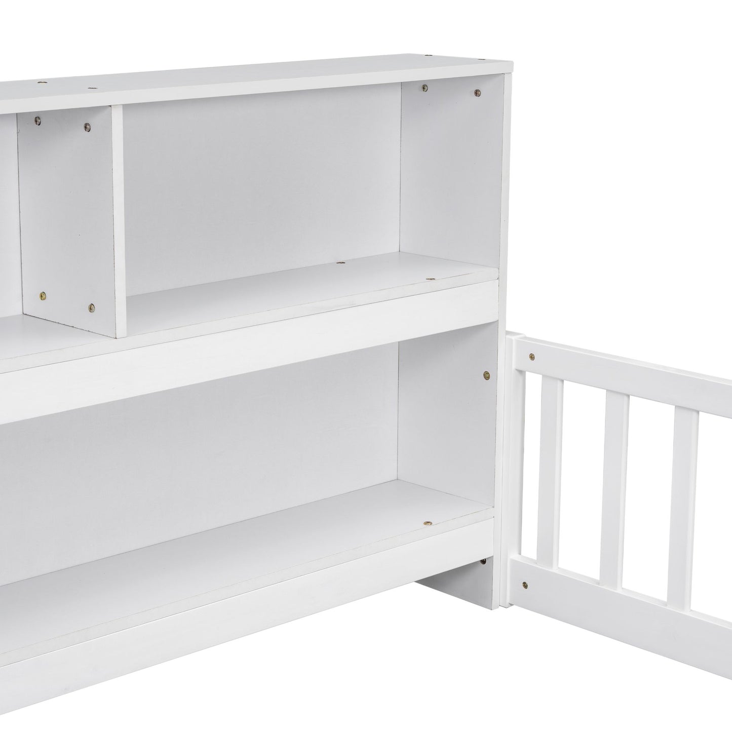 Full Floor Bed with Side Bookcase,Shelves,Guardrails,White image 6