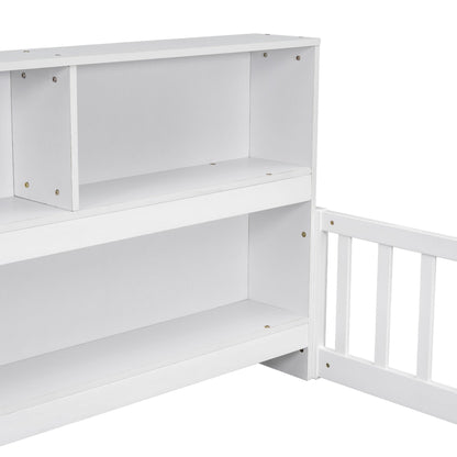 Full Floor Bed with Side Bookcase,Shelves,Guardrails,White image 6