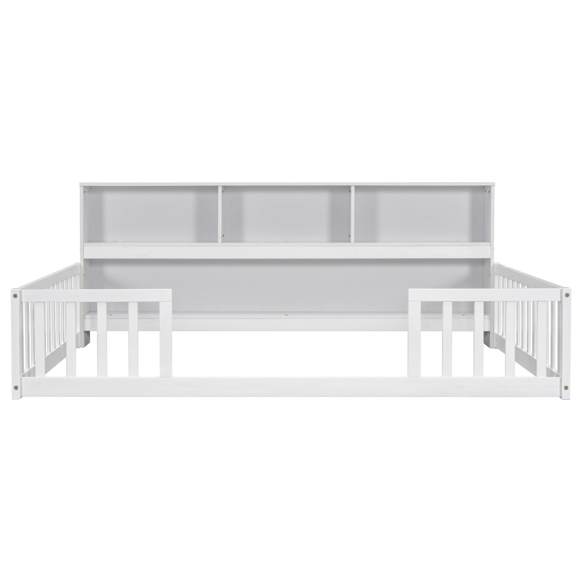 Full Floor Bed with Side Bookcase,Shelves,Guardrails,White image 5