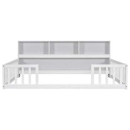 Full Floor Bed with Side Bookcase,Shelves,Guardrails,White image 5