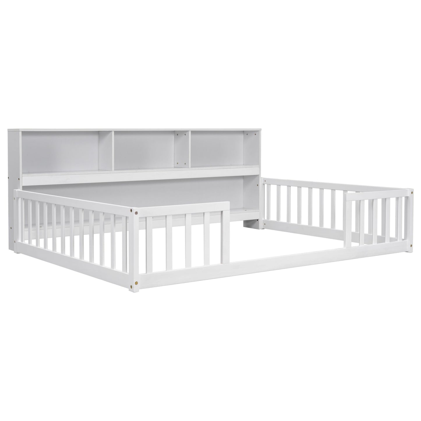 Full Floor Bed with Side Bookcase,Shelves,Guardrails,White image 1