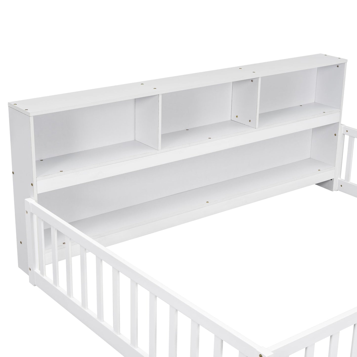 Full Floor Bed with Side Bookcase,Shelves,Guardrails,White image 3