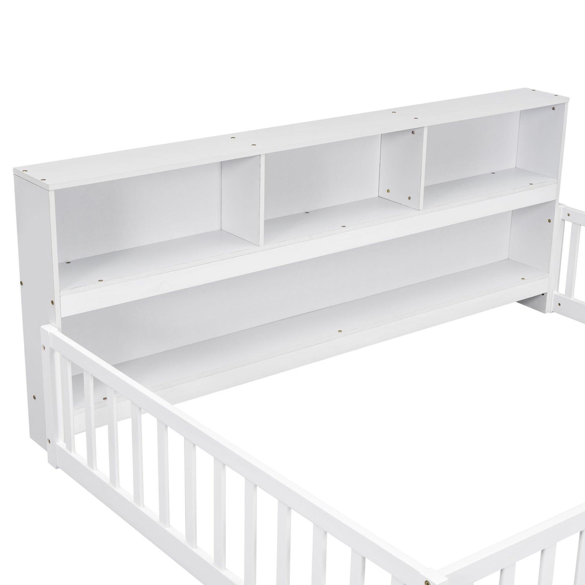 Full Floor Bed with Side Bookcase,Shelves,Guardrails,White image 3