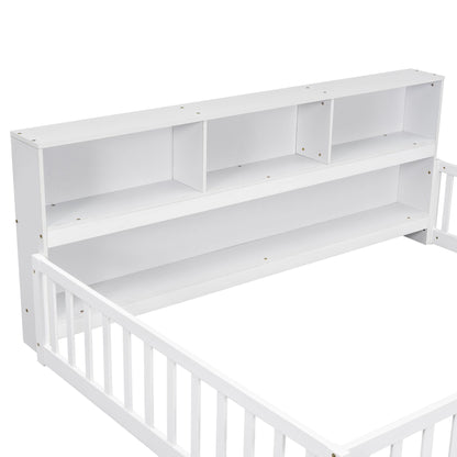 Full Floor Bed with Side Bookcase,Shelves,Guardrails,White image 3