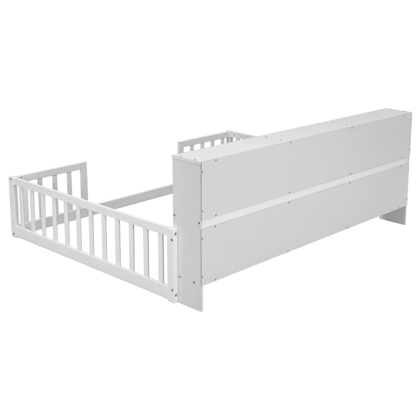 Full Floor Bed with Side Bookcase,Shelves,Guardrails,White image 19