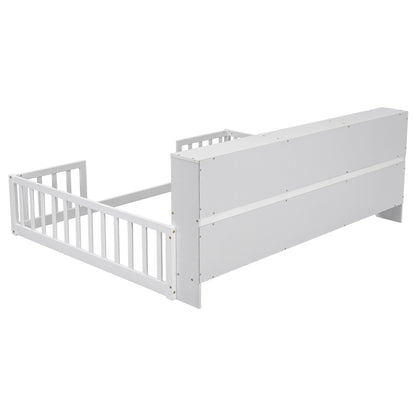 Full Floor Bed with Side Bookcase,Shelves,Guardrails,White image 19