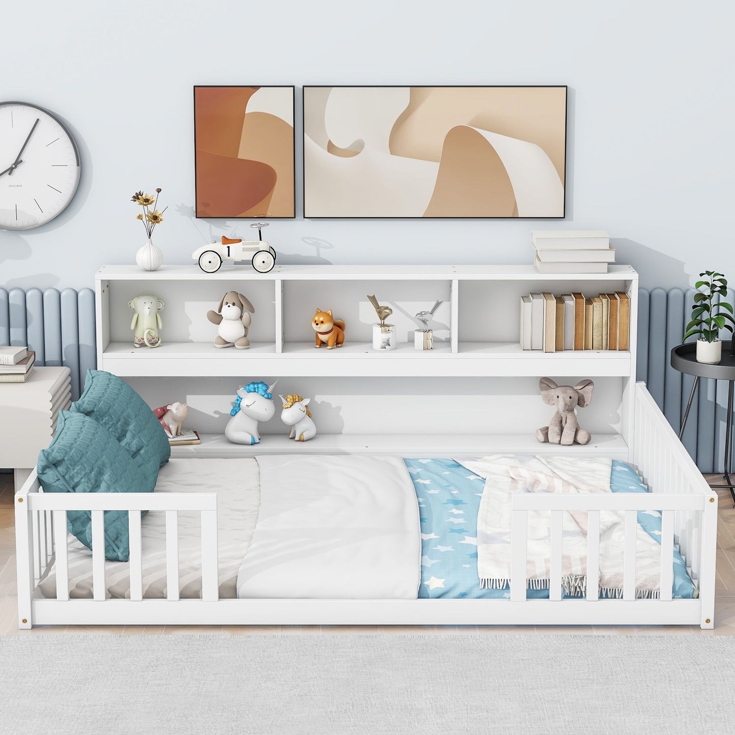Full Floor Bed with Side Bookcase,Shelves,Guardrails,White image 9