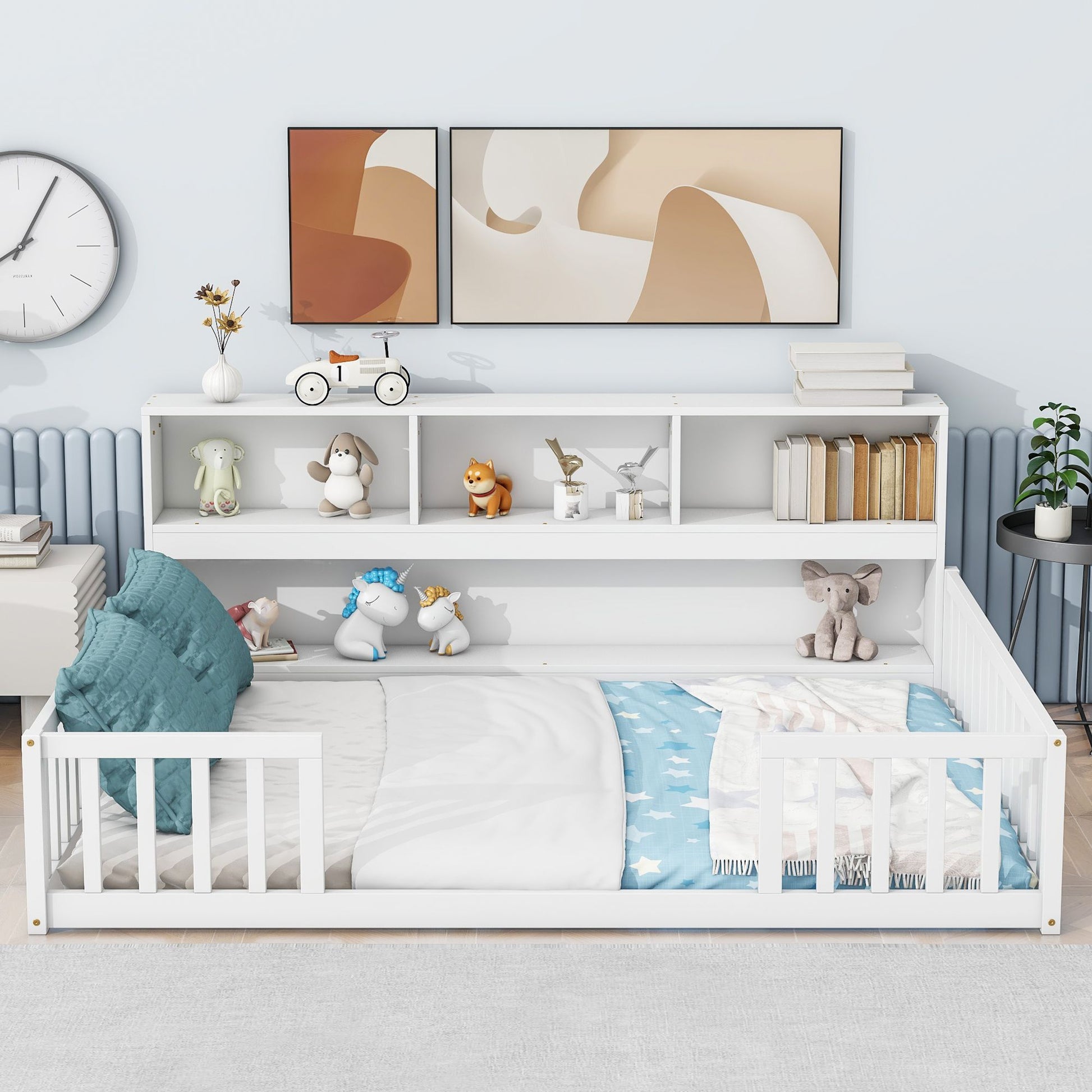 Full Floor Bed with Side Bookcase,Shelves,Guardrails,White image 9