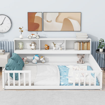 Full Floor Bed with Side Bookcase,Shelves,Guardrails,White image 9