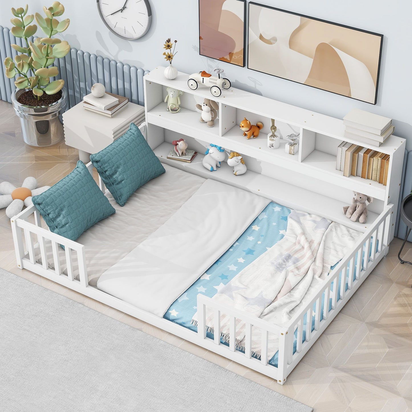 Full Floor Bed with Side Bookcase,Shelves,Guardrails,White image 10