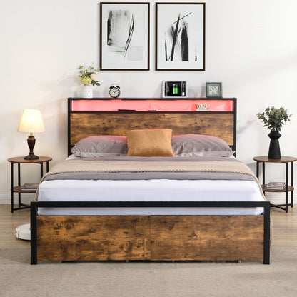 Full Size Bed Frame with Storage Headboard and 2 Drawers, LED Lights Bed with Charging Station, Metal Platform Bed No No image 3