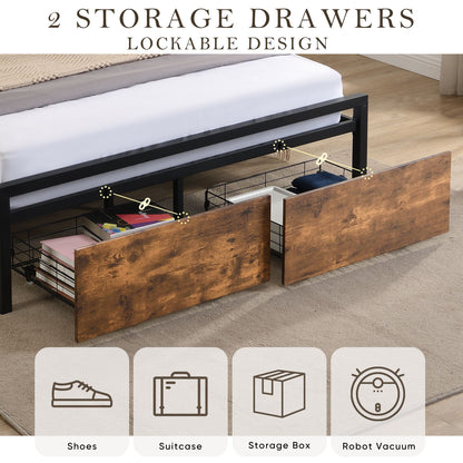 Full Size Bed Frame with Storage Headboard and 2 Drawers, LED Lights Bed with Charging Station, Metal Platform Bed No No image 8