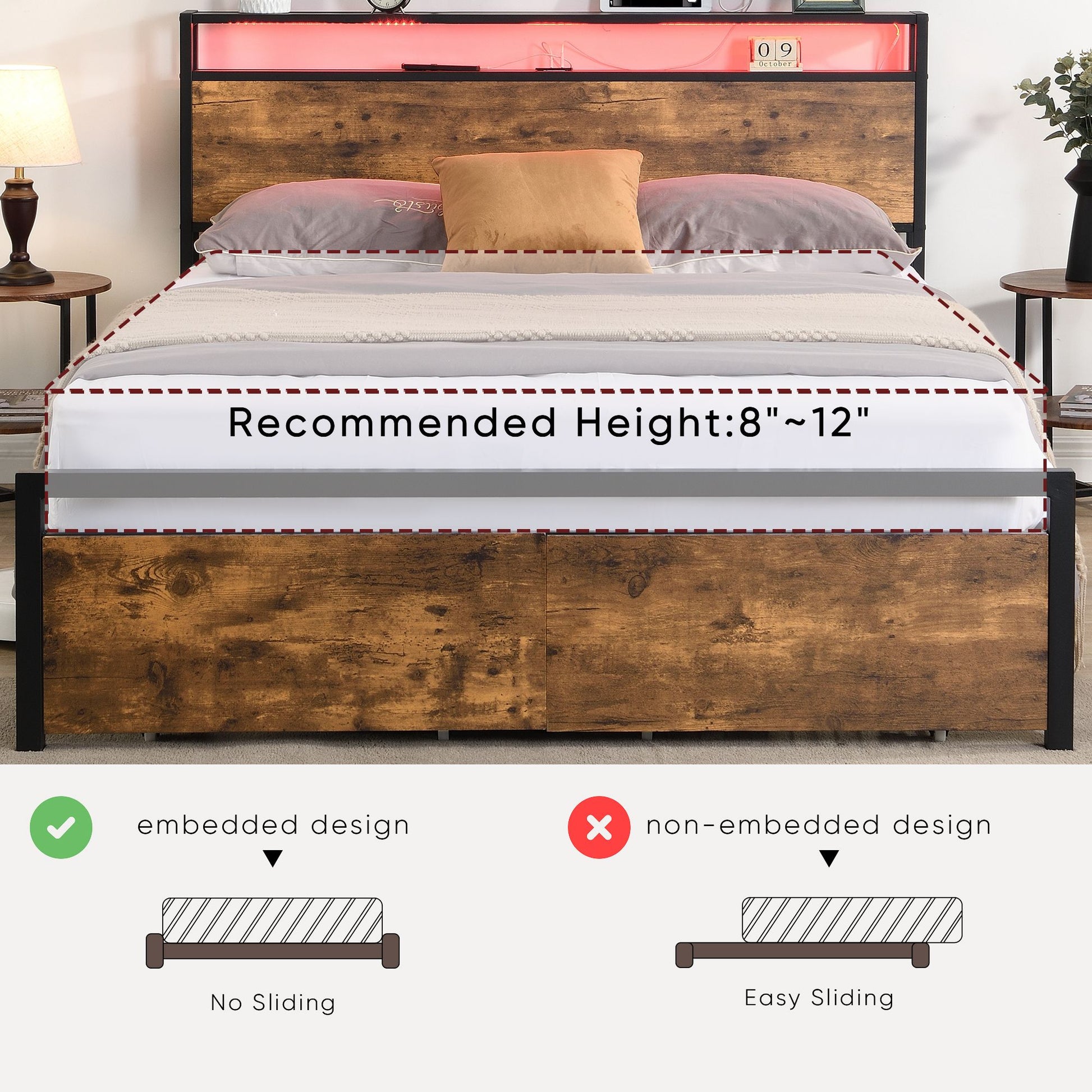 Full Size Bed Frame with Storage Headboard and 2 Drawers, LED Lights Bed with Charging Station, Metal Platform Bed No No image 9