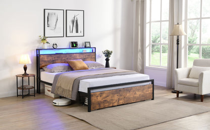 Full Size Bed Frame with Storage Headboard and 2 Drawers, LED Lights Bed with Charging Station, Metal Platform Bed No No image 11