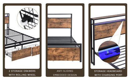 Full Size Bed Frame with Storage Headboard and 2 Drawers, LED Lights Bed with Charging Station, Metal Platform Bed No No image 15
