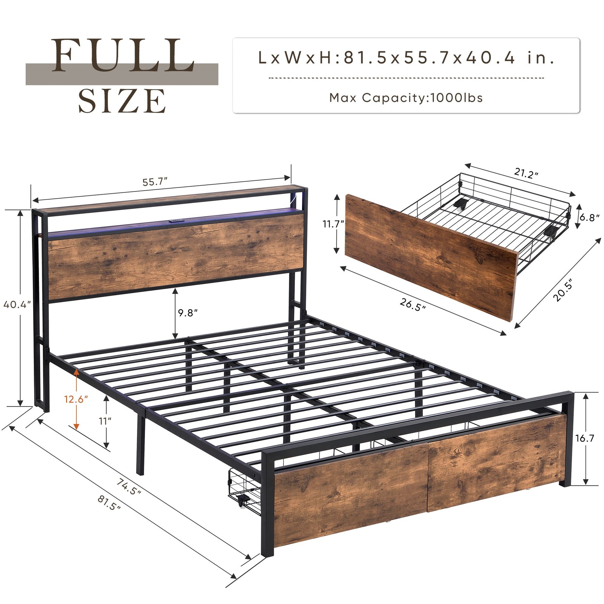 Full Size Bed Frame with Storage Headboard and 2 Drawers, LED Lights Bed with Charging Station, Metal Platform Bed No No image 5