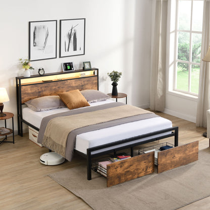 Full Size Bed Frame with Storage Headboard and 2 Drawers, LED Lights Bed with Charging Station, Metal Platform Bed No No image 2
