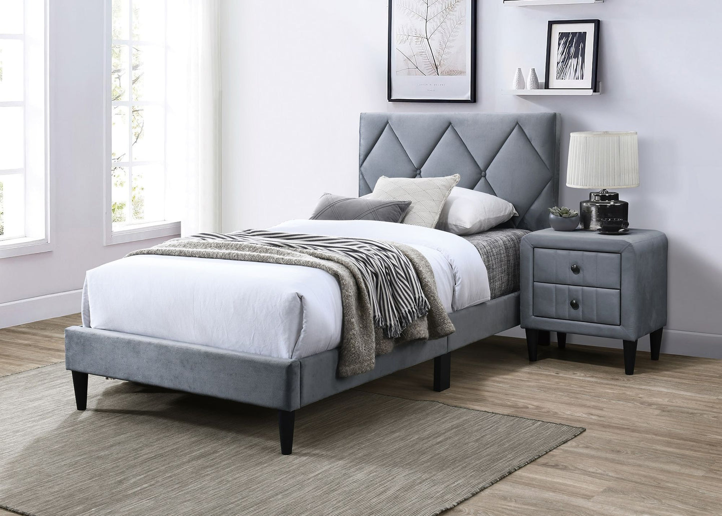 Full Size Bed w Adjustable Headboard 1pc Bedframe, Grey Velvet Upholstered Youth Bedroom Furniture image 6